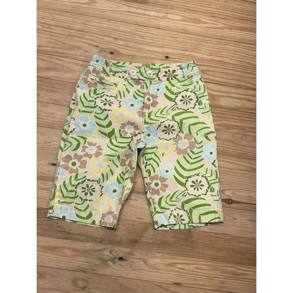 French Cuff Retro Blue Green Brown Tropical 100% Cotton Bermuda Women’s Size 6